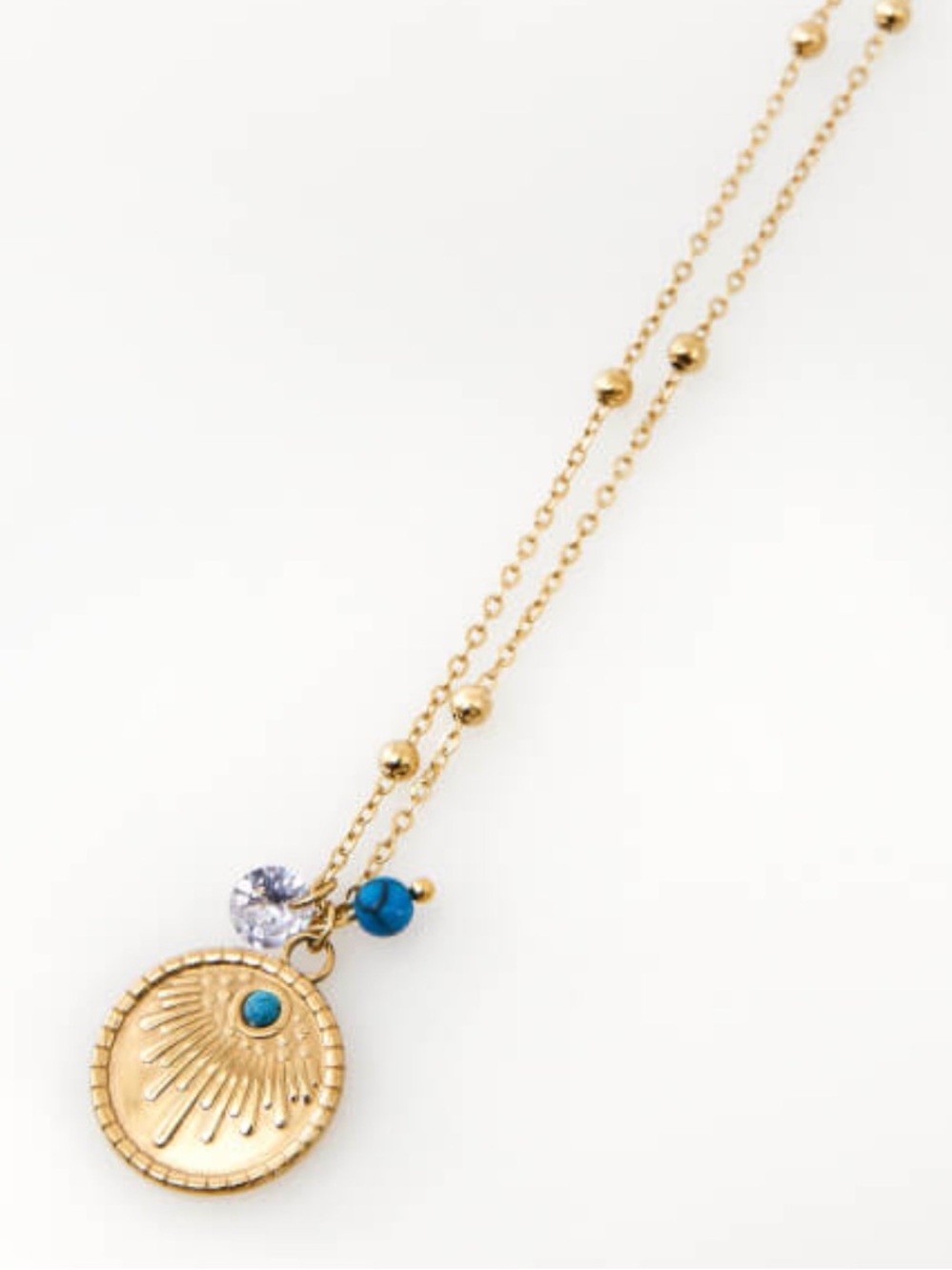 Gold-Tone Stainless Steel Disc Pendant Necklace Blue Accent Crystal Stone nwt